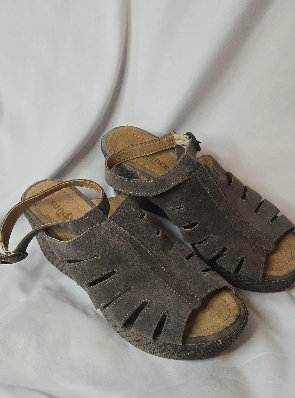 Sundance Leather Suede Wedge Sandals in Gray-Brown Ankle Strap Women's 39/8